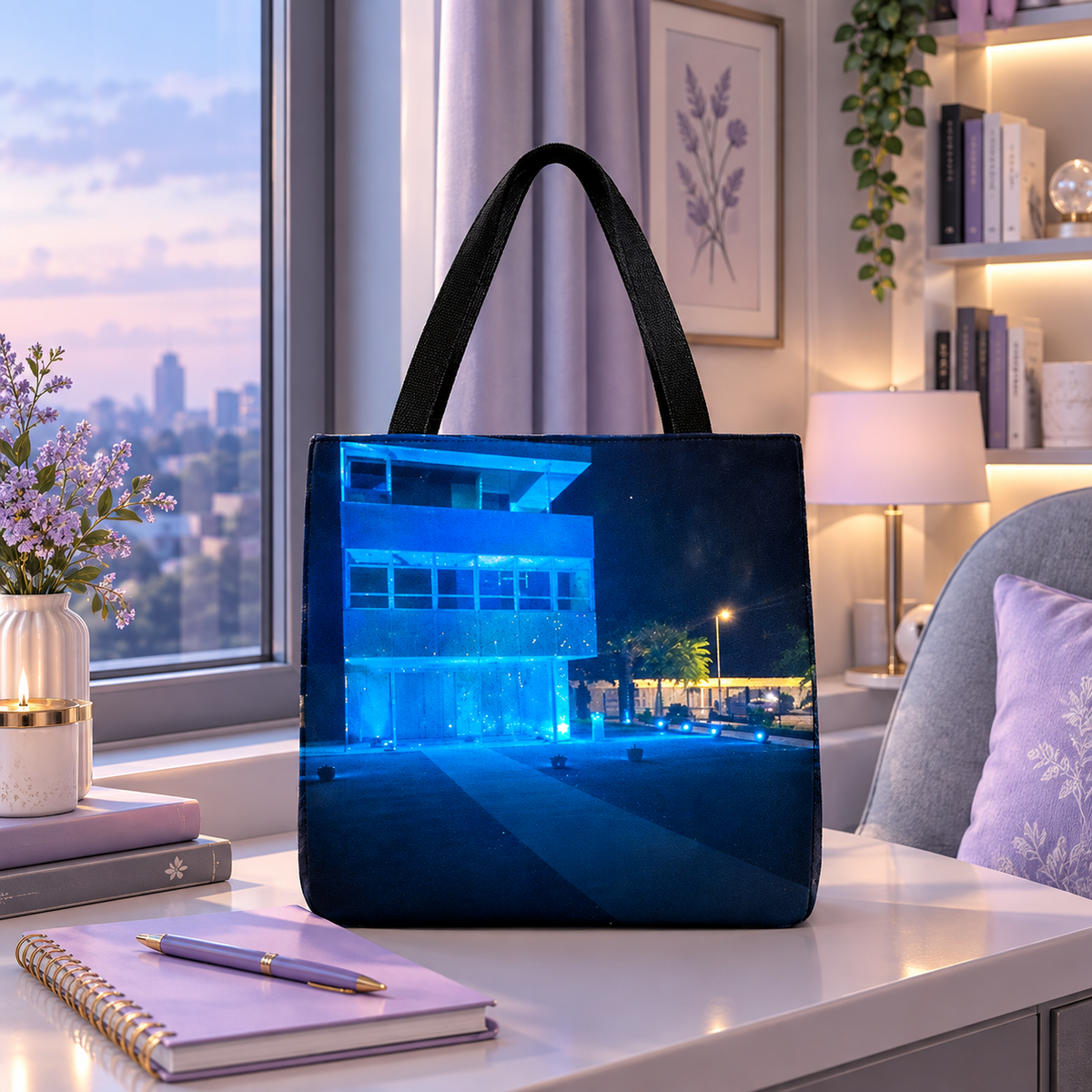 Blue Lit Modern Building at Night by JR Mitchell — Tote Bag