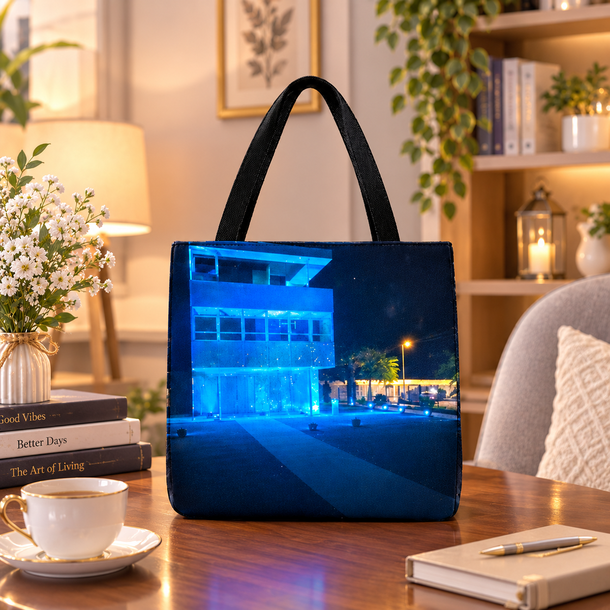Blue Lit Modern Building at Night by JR Mitchell — Tote Bag