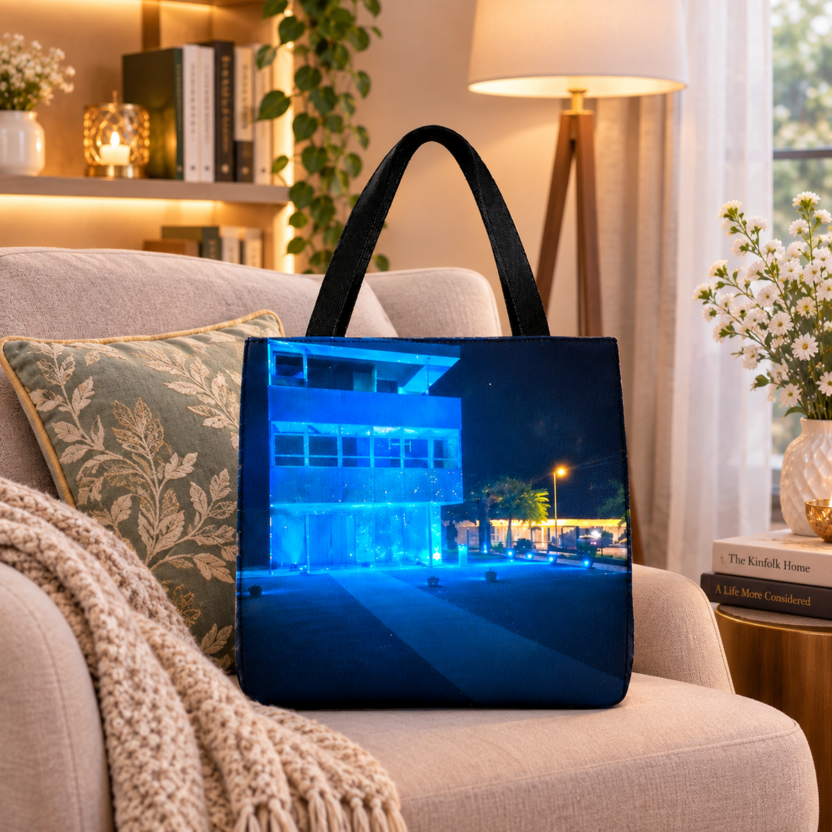 Blue Lit Modern Building at Night by JR Mitchell — Tote Bag