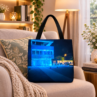 Blue Lit Modern Building at Night by JR Mitchell — Tote Bag