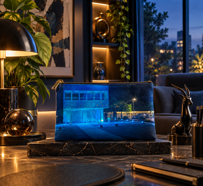 Blue Lit Modern Building at Night by JR Mitchell — Zip Pouch