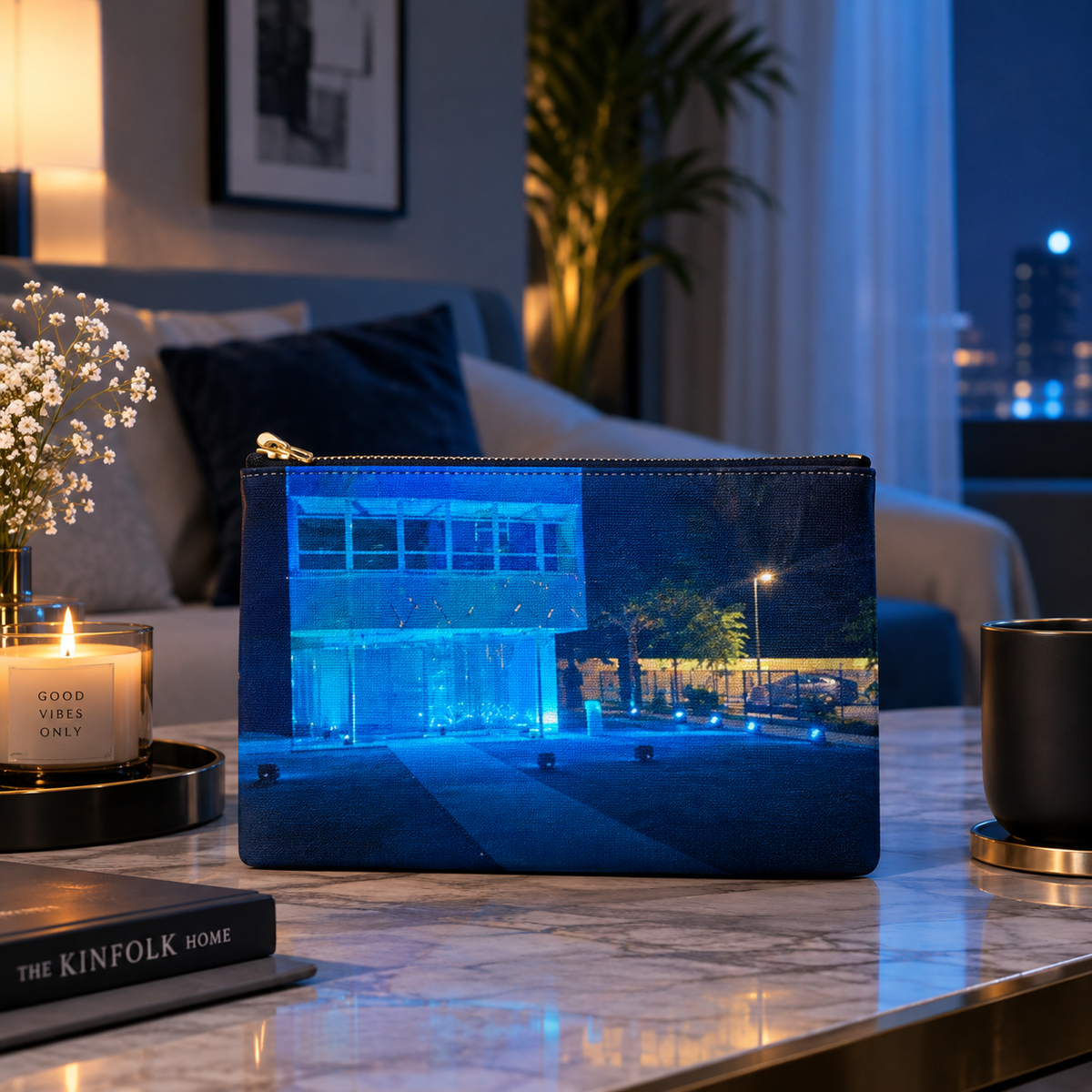 Blue Lit Modern Building at Night by JR Mitchell — Zip Pouch