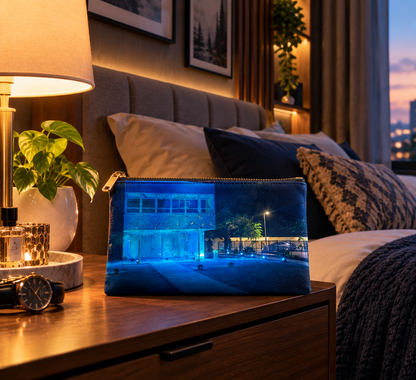 Blue Lit Modern Building at Night by JR Mitchell — Zip Pouch
