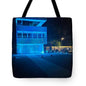 Blue Lit Modern Building at Night by JR Mitchell — Tote Bag