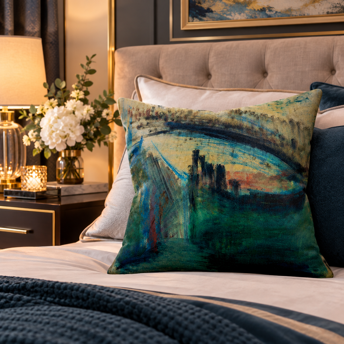 MacArthur Park Urban Lake and Sunset by JR Mitchell — Throw Pillow